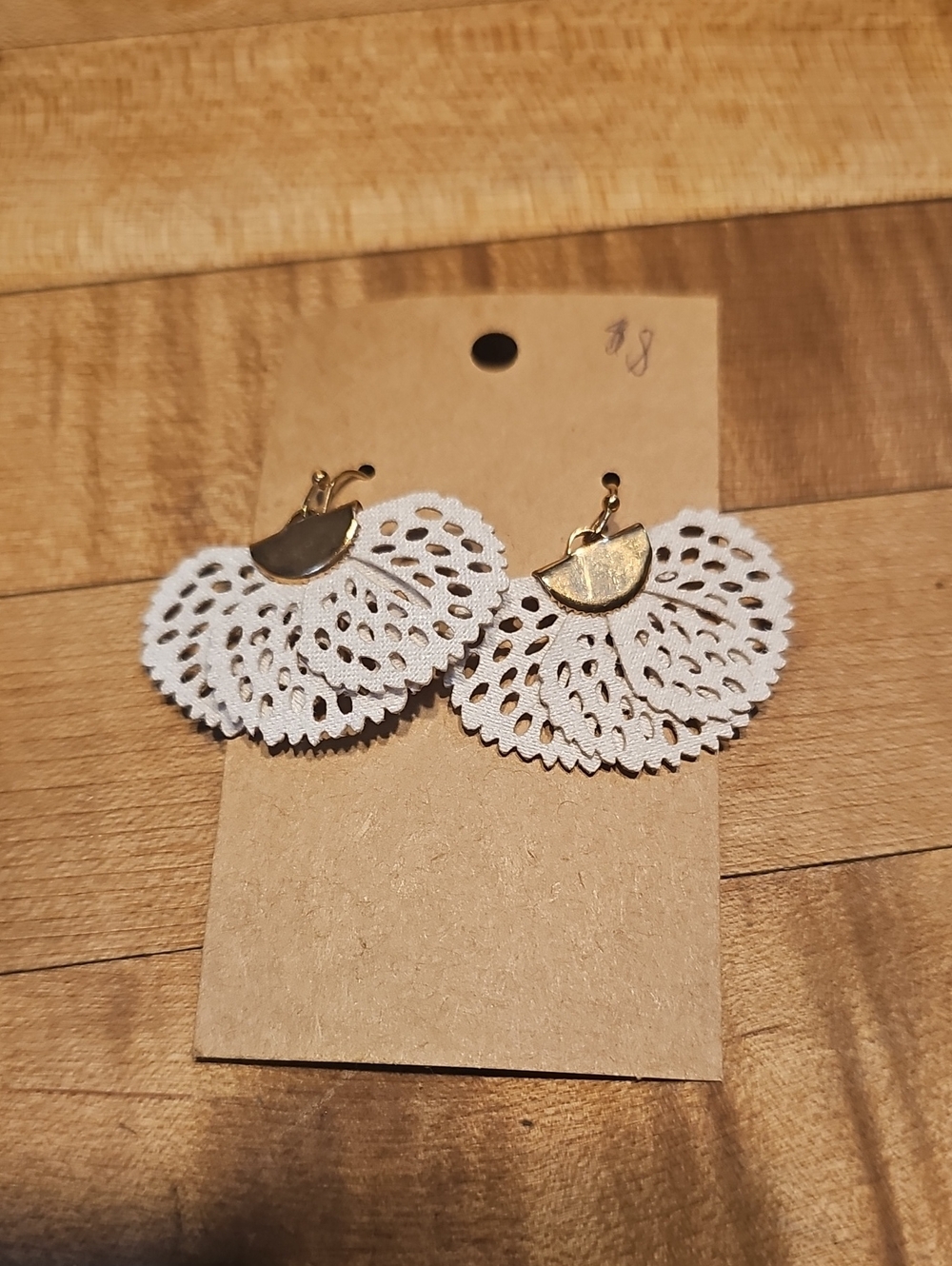Gold Tone & White Lace Fan Drop Earrings - Women Jewelry